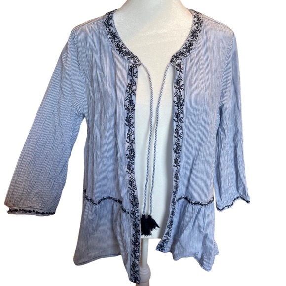 Westport Sweaters - Westport blue and white embroidered striped cotton cardigan with tassel detail L